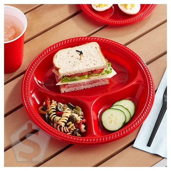 Choice 10 1/4" 3-Compartment Red Plastic Plate - 125/Pack