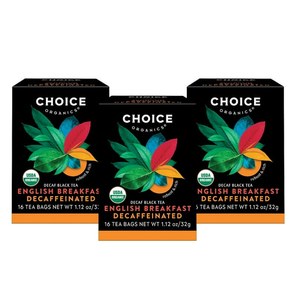 Choice Organics Decaf English Breakfast Tea, Decaffeinated, Black Tea Bags, 3 Boxes of 16