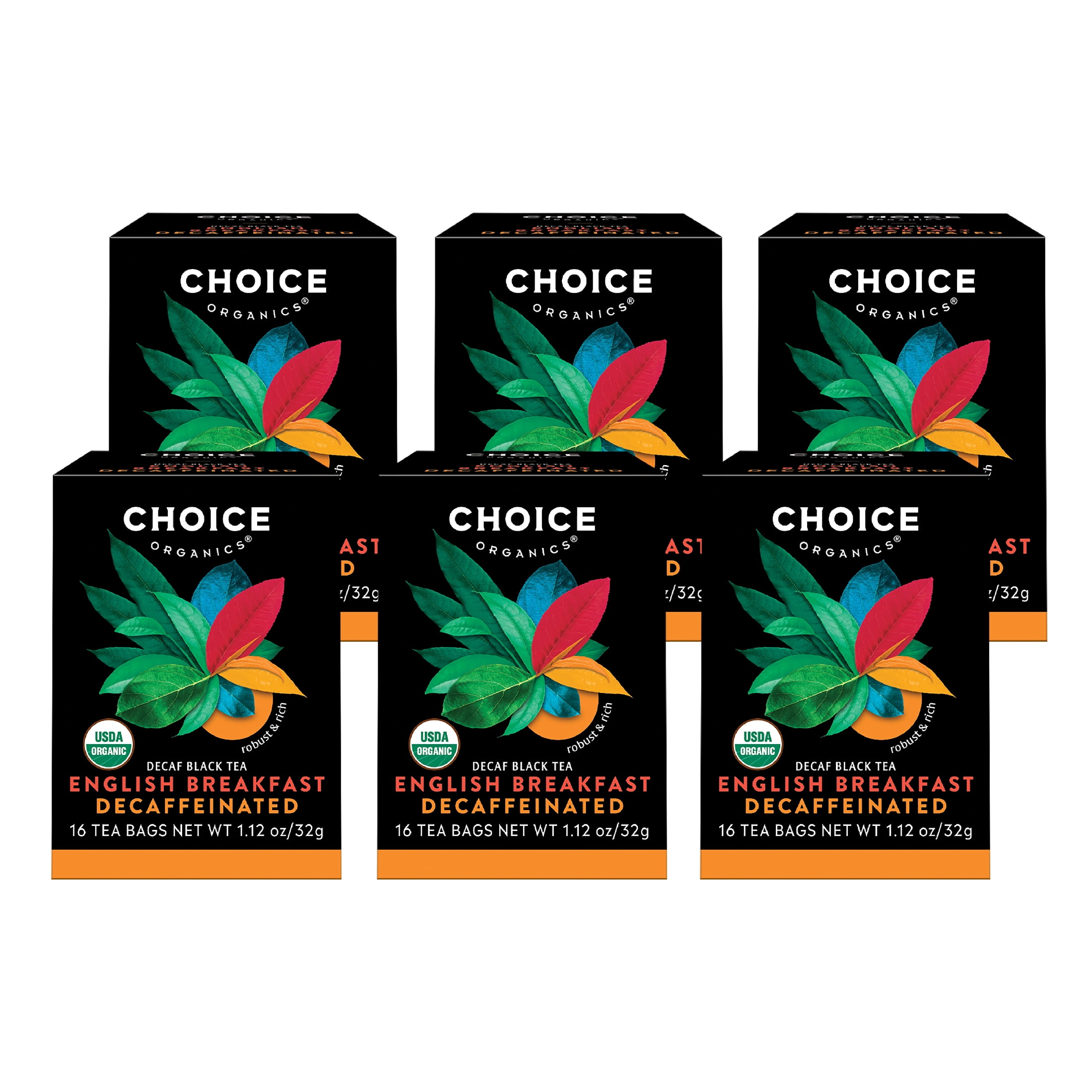 Choice Organics Decaf English Breakfast Tea, Decaffeinated, Black Tea Bags, 6 Box of 16