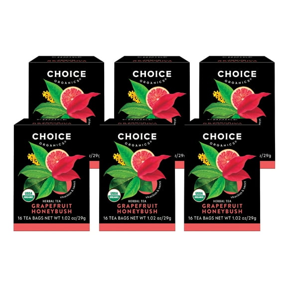 Choice Organics Grapefruit Honeybush Tea, Caffeine Free, Herbal Tea Bags, 6 Boxes of 16