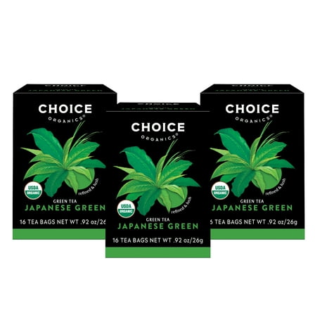 Choice Organics Japanese Green Tea, Contains Caffeine, Green Tea Bags, 3 Boxes of 16