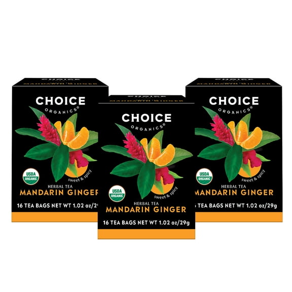 Choice Organics Mandarin Ginger Tea, Caffeine Free, Herbal Tea Bags, 3 Boxes of 16