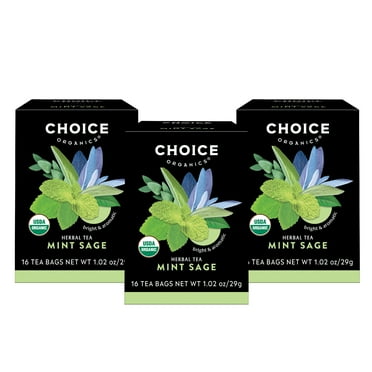 Choice Organics Mint Sage Tea, Caffeine Free, Herbal Tea Bags, 3 Boxes of 16