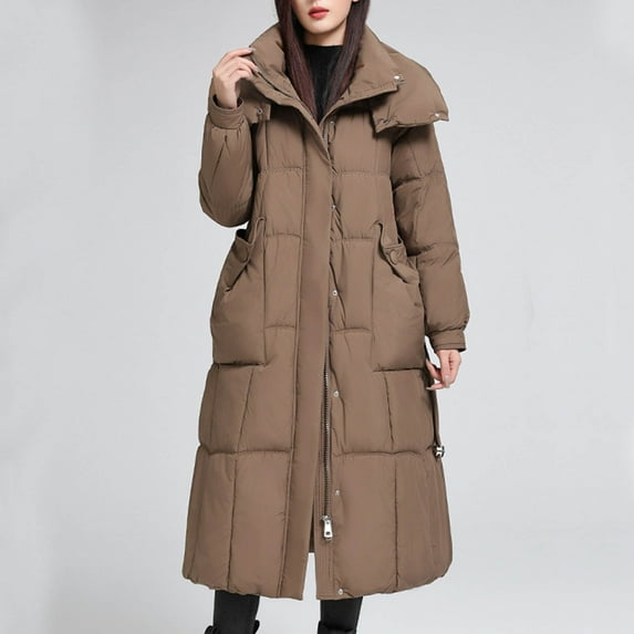Cavosen Long Winter Coats for Women with Hoods Hooded Full Zipper Jacket Quilted Thickened Warm Long Sleeve Down Jacket Maxi Length Bubble Padded Coat with Pocket Outwear Brown XL