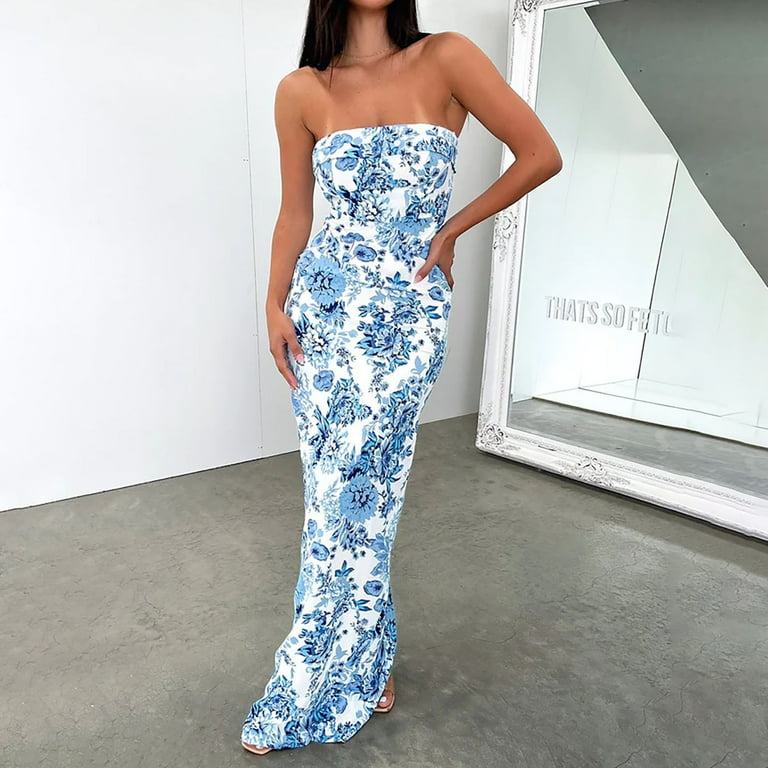 Floral Print Dress Adjustable Bandage Split Party Strapless Ankle Length Women dressee Floral Print Dress Adjustable Bandage Split Party Strapless Ankle Length Women dressee