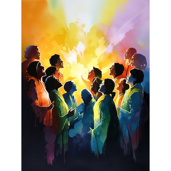 Choir Women Singing by Bonfire Modern Rainbow Colour Watercolour Painting Extra Large XL Wall Art Poster Print