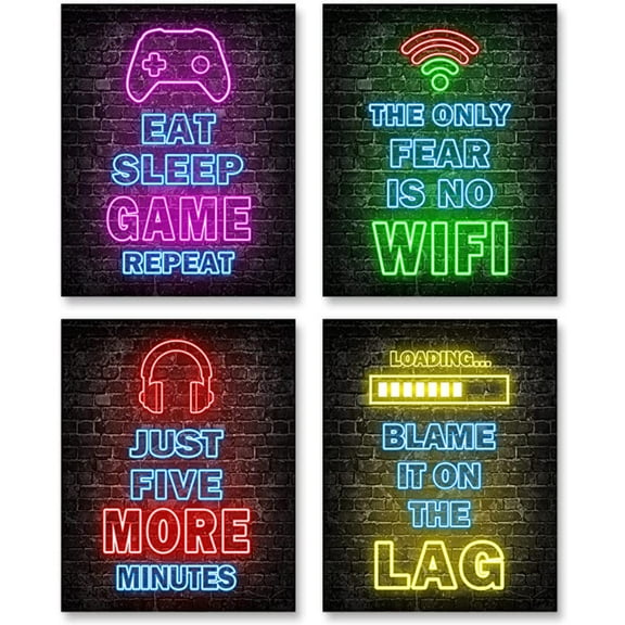 Chok 4Pcs Printed Neon Gaming Posters, Boys Room Decorations for Bedroom, Gamer Wall Art,Gamer, Teen Boy Bedroom, Game Room, No Frames(8X 10)