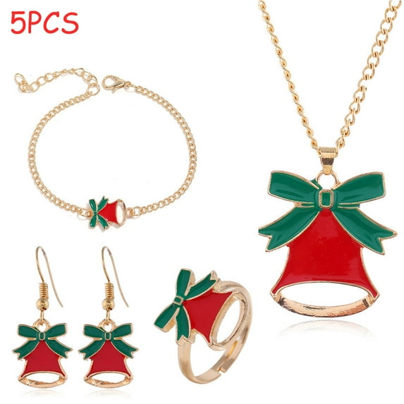 Chok 5 Pieces Christmas Jewelry Sets Santa Claus Christmas Tree Bells Elk Pendant Necklace Earrings Rings Bracelets Set Jingle Bell Dangle Earrings Xmas Tree Bracelet Gifts (Bell)
