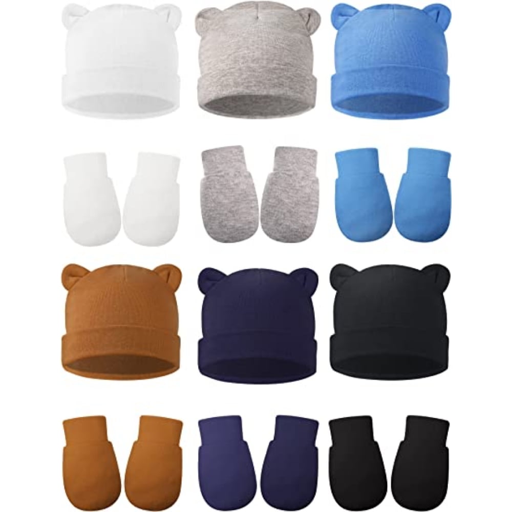 Chok 6 Pieces Bear Ears Mittens Gloves Newborn Baby Hats and Mittens