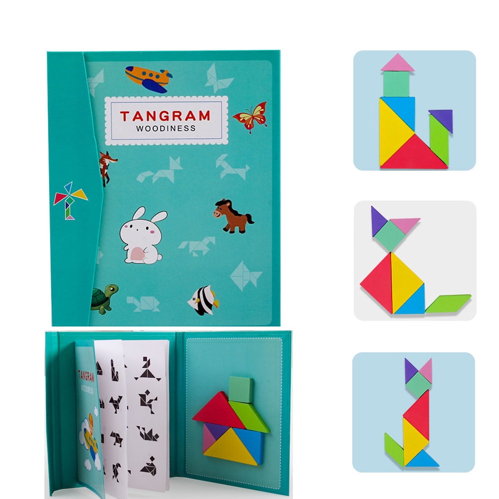 Vanmor Wooden Tangram Pattern Blocks Set- Travel Tangram Puzzles for Kids  Ages 4-8-12 with 60 Cards, Montessori Tangrams Jigsaw Road Trip Games  Preschool Brain Teaser Gift for 3 4 5 Years Old Toddlers 