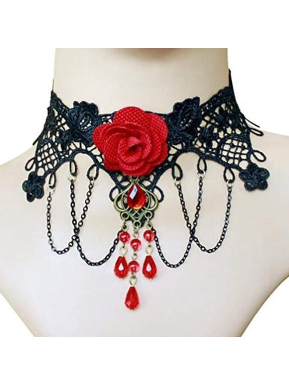 Choker Necklace for Women Gothic Black Lace Necklace Halloween Steampunk Costume Party Punk Vintage Flower Rose Beads Lolita Victorian Choker Pendant Vampire Collar