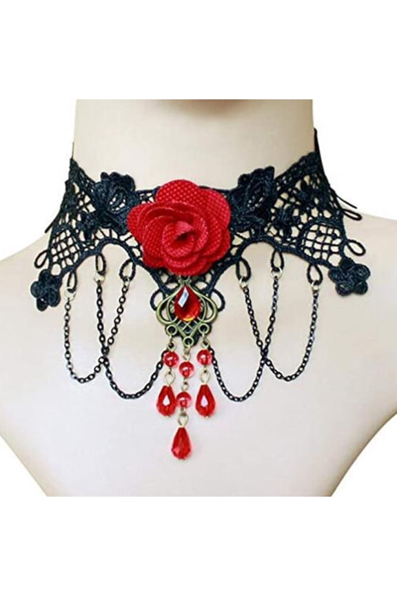 Choker Necklace for Women Gothic Black Lace Necklace Halloween Steampunk Costume Party Punk Vintage Flower Rose Beads Lolita Victorian Choker Pendant Vampire Collar