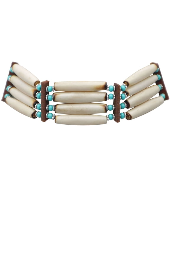 Tribal Choker Necklace Rustic Beige, Adjustable Length, 4-Row