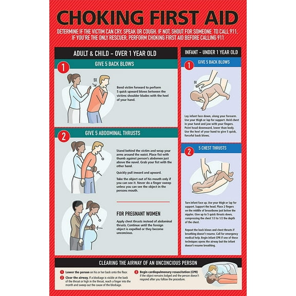 Choking First Aid Poster for Kids and Adults, Infants, Pregnants, 12' x 18", Laminated