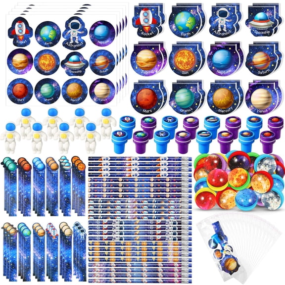 Cholemy 192 Pcs Space Party Favors Space Theme Supplies Outer Astronaut Stationery Set Notebook Bouncy Ball Sticker Stamper Eraser Ruler Pencil Bag for Galaxy Birthday Gift Classroom Prize A101