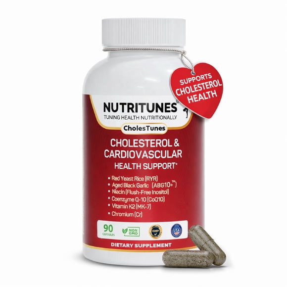 Cholestunes Cholesterol & Heart Health Support Advanced Supplement  Red Yeast Rice (RYR), Aged Black Garlic CoQ10, Niacin (Flush-Free), Chromium & Vitamin K2 90 Capsules