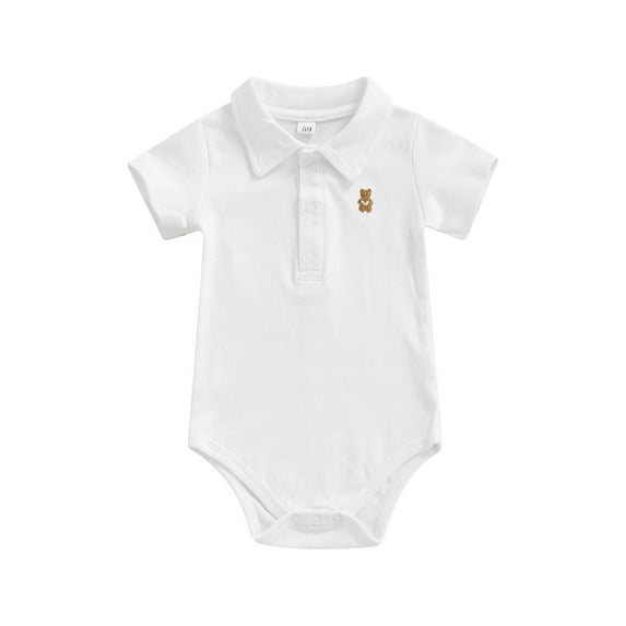 Chollius Baby Girl Boy Lapel Short SleeveButton Down Bodysuit Lapel Cartoon Bear Pattern Romper Solid Color Snap Closure Jumpsuit