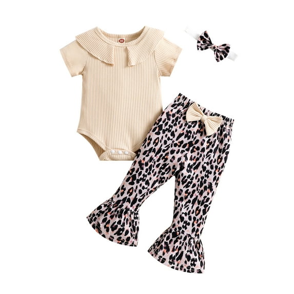 Chollius Infant Baby Girls 2Pcs Sets Crew Neck Short Sleeve Romper Tops Leopard Print Flare Pants Bowknot Headband Summer Suits