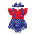 thumbnail image 1 of Chollius Infant Baby Girls Independence Day Romper Ruffles Sleeve Stars Print Patchwork Overalls Bow Headband Summer Ckothes, 1 of 9