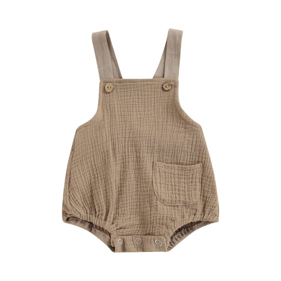 Chollius Newborn Baby Girl Cotton Romper Solid Color Strap Button Pocket Bodysuit Sleeveless Summer Clothes