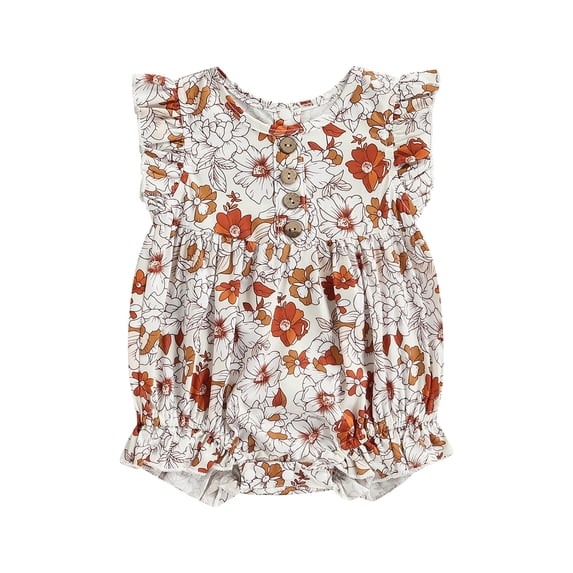 Chollius Newborn Infant Baby Girl Summer Romper Flower Print Crew Neck Ruffle Sleeveless Button Jumpsuit
