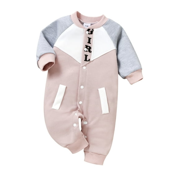 Chollius Newborn Infant Baby Girls Boys Winter Jumpsuit Set Letter Print Crew Neck Long Sleeve Button Down Patchwork Romper Outfit