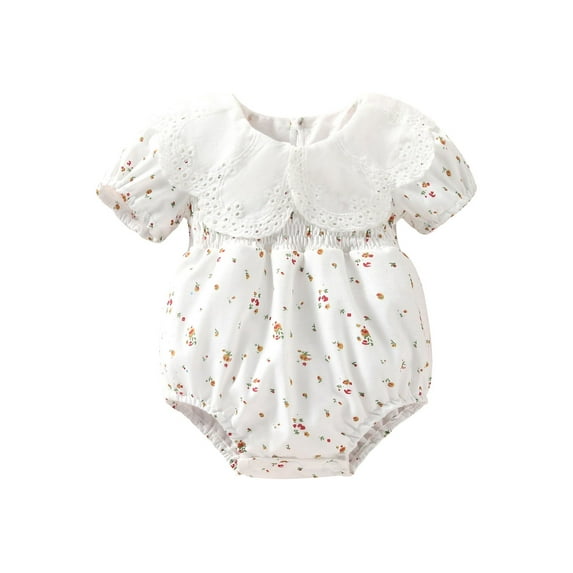 Chollius Newborn Infant Toddler Baby Girls Summer Clothes Short Sleeve Doll Collar Romper Floral Pattern Triangle Crotch Snap Jumpsuit