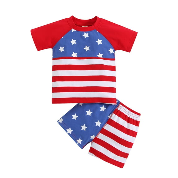 Chollius Toddler Baby Boy Girl Independence Day Outfits Stripe Star Print T-Shirt Tops Elastic Waist Shorts Summer Sets