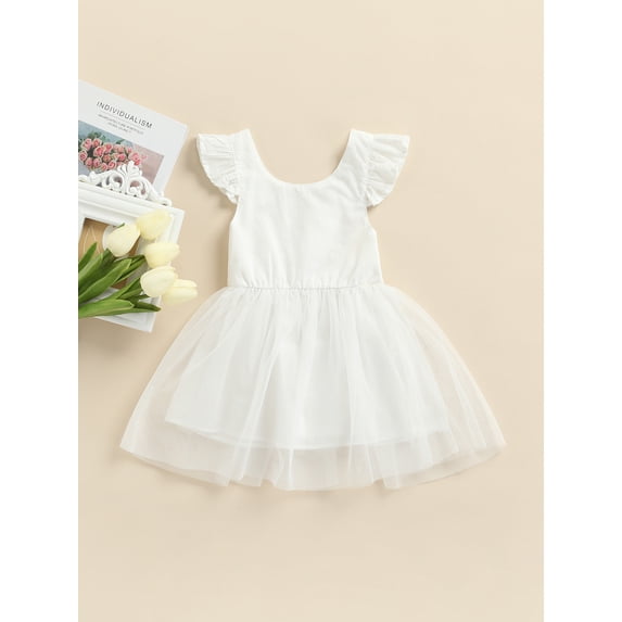 Chollius Toddler Baby Girls Summer Ruffle Dress Solid Color Round Neck Elastic Backless Bodysuit Skirt Mesh Tulle A-line Dress