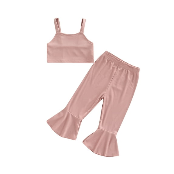 Chollius Toddler Girls Summer Outfits Solid Color Ribbed Sleeveless Crop Tops Elastic Waist Flare Pants 2Pcs Set
