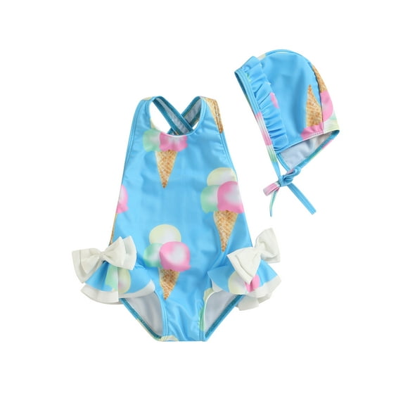 Chollius Toddler Girls Swimwear Sleeveless Swimsuit Ice Cream Pattern Tank Bikini Ruffle Halter Summer Bathing Suit