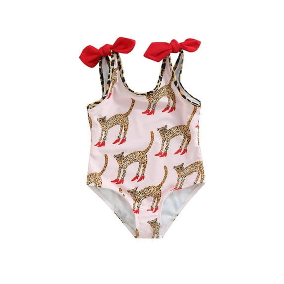 Chollius Toddler Kid Girl Swimsuits Cartoon Leopard Print Halter Bikini Swimwear Sleeveless Triangle One-Piece Beachwear