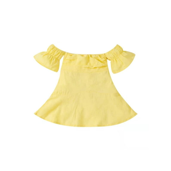 Chollius Toddler Kids Girls Summer Jacquard Dress Solid Color Off-the-shoulder Boat Neck Short Sleeve One-piece