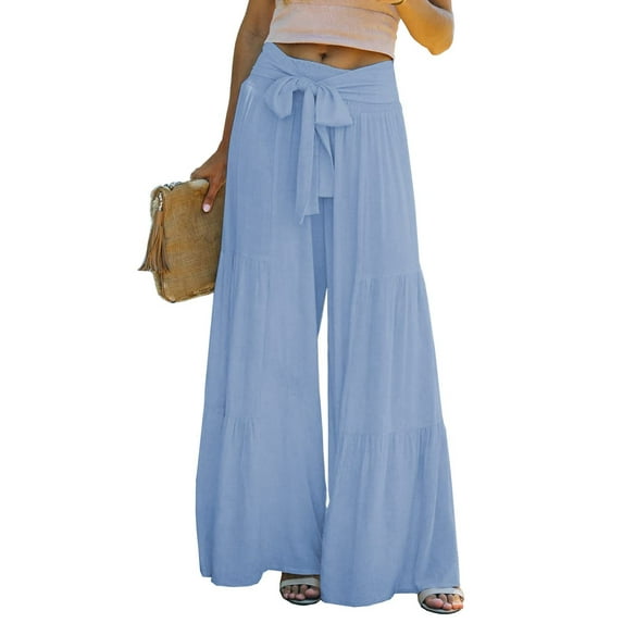 Chollius Women Plus Size Wide Leg Palazzo Lounge Pants High Waist Tie Waist Boho Beach Pants Summer Casual Loose Tiered Flowy Pants