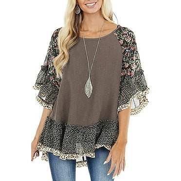 Chollius Women's Boho Shirts Ruffle 3/4 Sleeve Crew Neck Blouse Leopard Floral Print Patchwork Tunic Tops Plus Size Summer Hippie Clothing