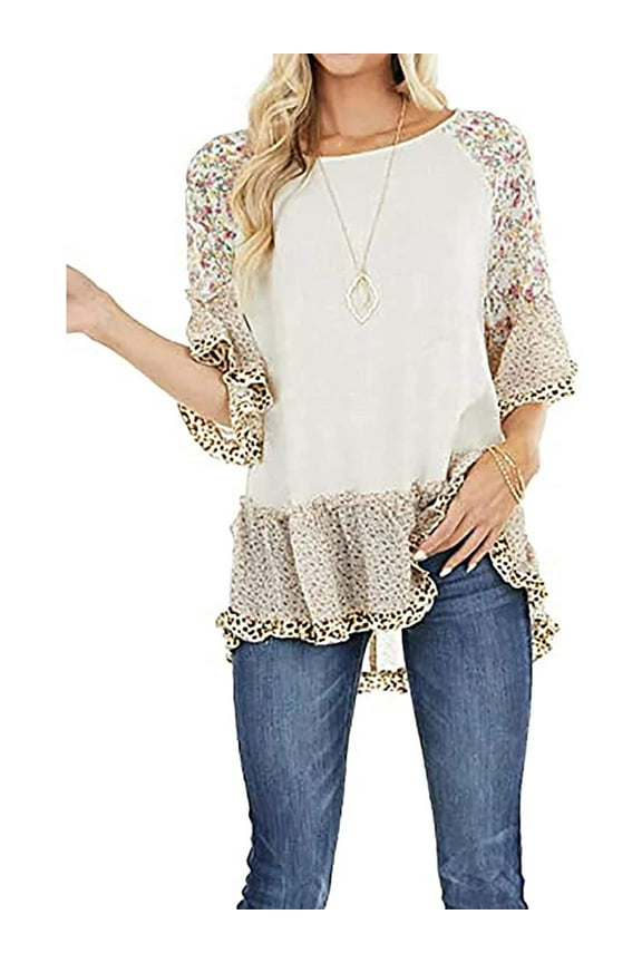 Women's Boho Shirts Ruffle 3/4 Sleeve Crew Neck Blouse Leopard Floral Print Patchwork Tunic Tops Plus Size Summer Hippie Clothing