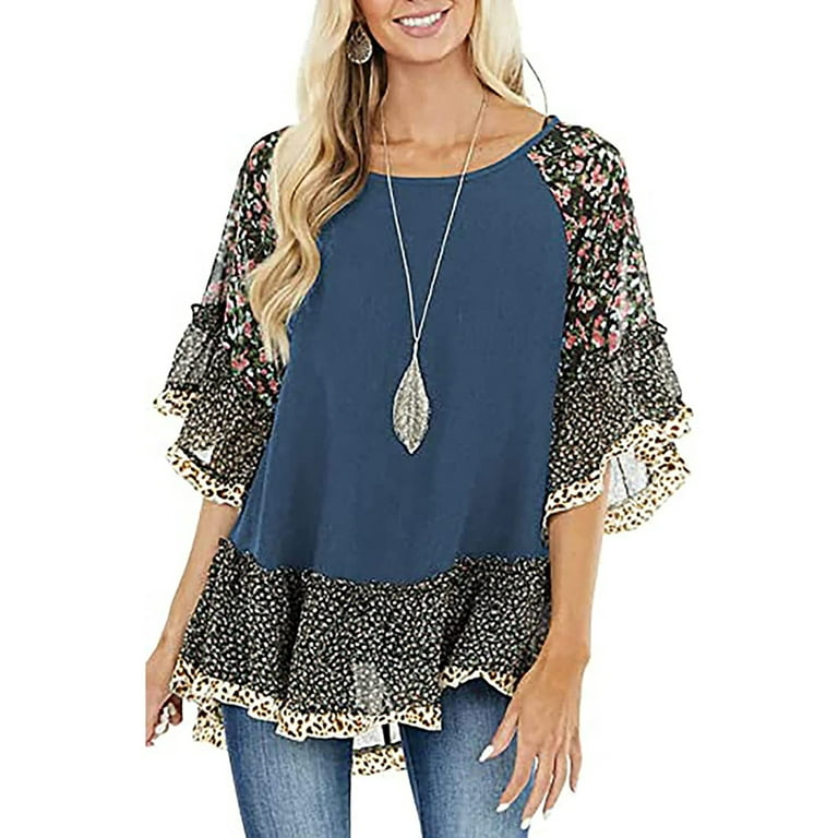 Chiffon Print Patchwork Knitting Round Neck Blouses Chiffon Print Patchwork Knitting Round Neck Blouses