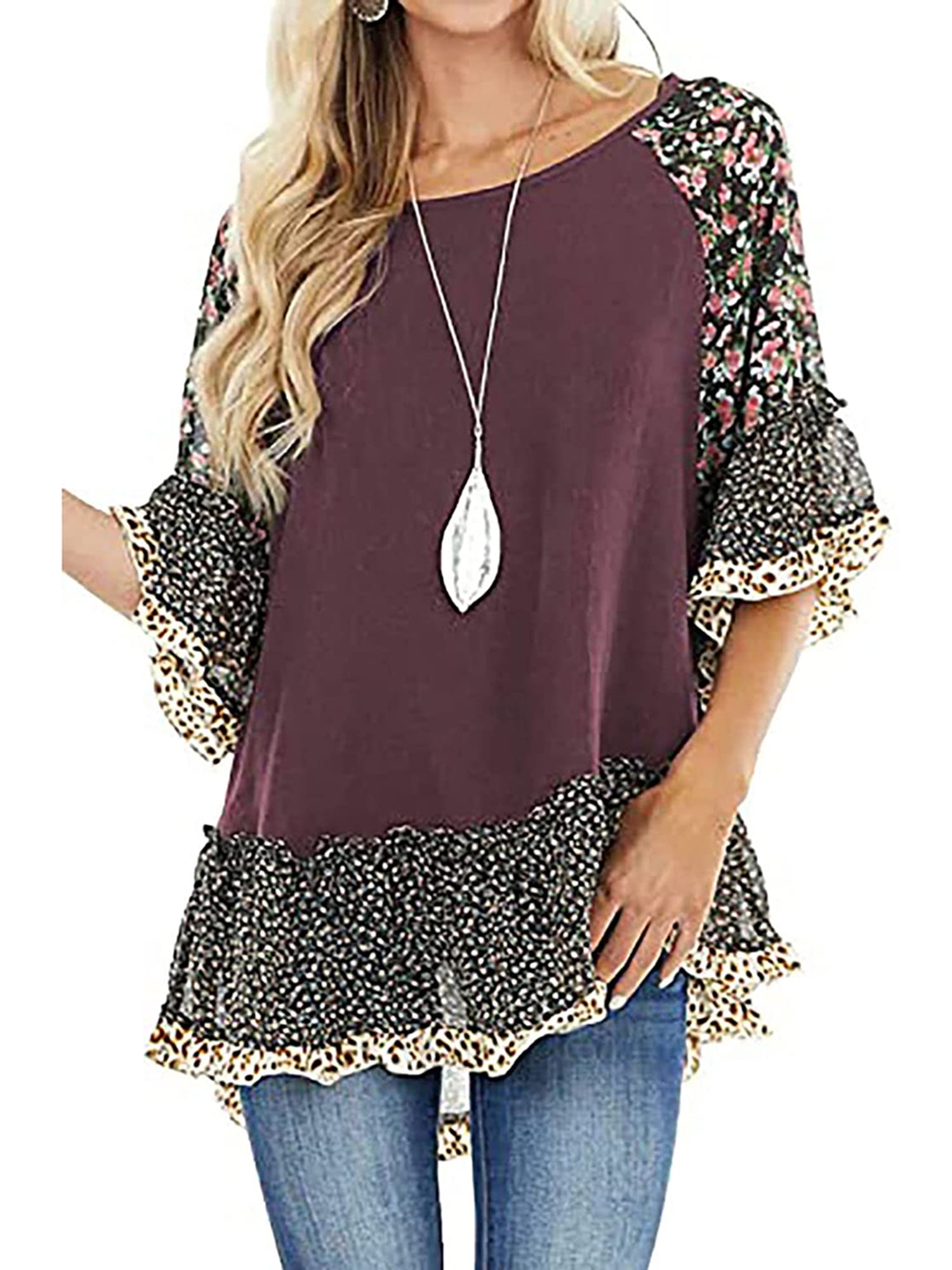 Chollius Women s Boho Shirts Ruffle 3 4 Sleeve Crew Neck Blouse