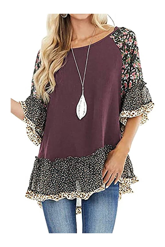 Women's Boho Shirts Ruffle 3/4 Sleeve Crew Neck Blouse Leopard Floral Print Patchwork Tunic Tops Plus Size Summer Hippie Clothing