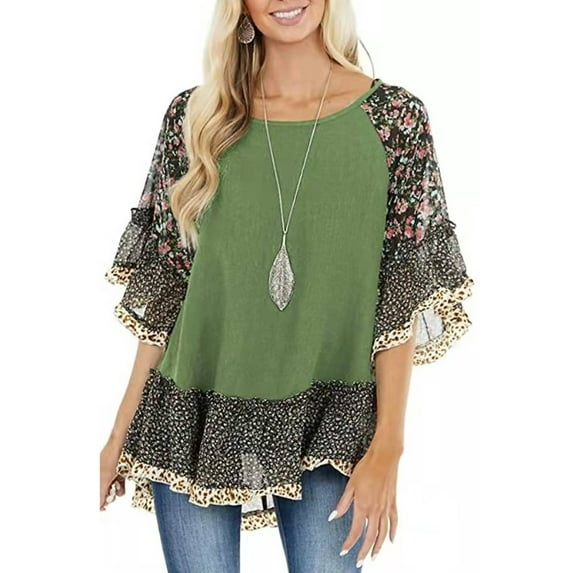 Chollius Women's Boho Shirts Ruffle 3/4 Sleeve Crew Neck Blouse Leopard Floral Print Patchwork Tunic Tops Plus Size Summer Hippie Clothing