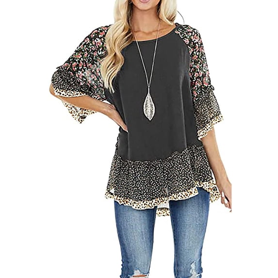 Chollius Women's Boho Shirts Ruffle 3/4 Sleeve Crew Neck Blouse Leopard Floral Print Patchwork Tunic Tops Plus Size Summer Hippie Clothing
