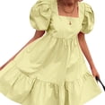 thumbnail image 1 of Chollius Women's Juniors Casual Puff Sleeve Dress Solid Color Short Mini Princess Dresses Square Collar Loose Swing  Ruffled Hem Dress for Teen Girls, 1 of 6