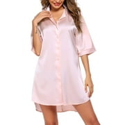 Chollius Women's Satin Nightshirt Button Down Nightgown Short Sleeve V-Neck Loose Oversize Sleepshirt Side Slit Sleepwear Gowns for Home Wear