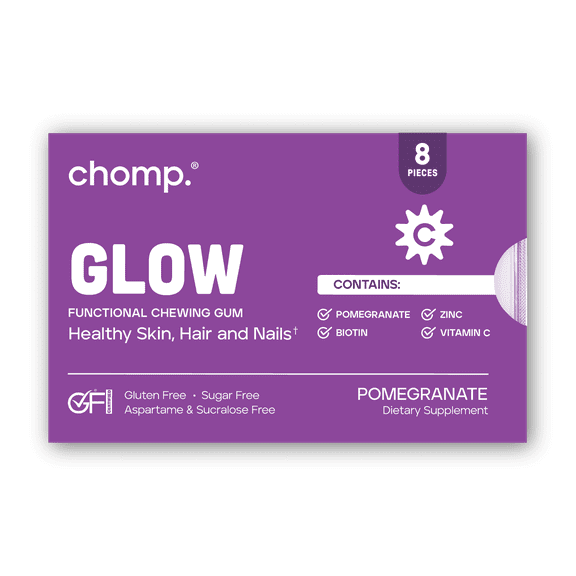 Chomp Gums - GLOW Healthy Chewing Gum, Pomegranate Flavor, with Collagen & Vitamin C, Caffeine-Free, (1-Pack)