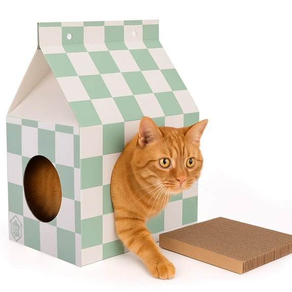 Chomp Haus Cardboard Cat House with Scratch Pad – Durable, Eco-Friendly Hideaway for Cats, Easy Assembly, Stylish Matcha Checkered Design, Indoor Cat Furniture, Perfect Gift for Cat Lovers