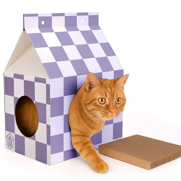Chomp Haus Cardboard Cat House with Scratch Pad – Durable, Eco-Friendly Hideaway for Cats, Easy Assembly, Stylish Plum Checkered Design, Indoor Cat Furniture, Perfect Gift for Cat Lovers