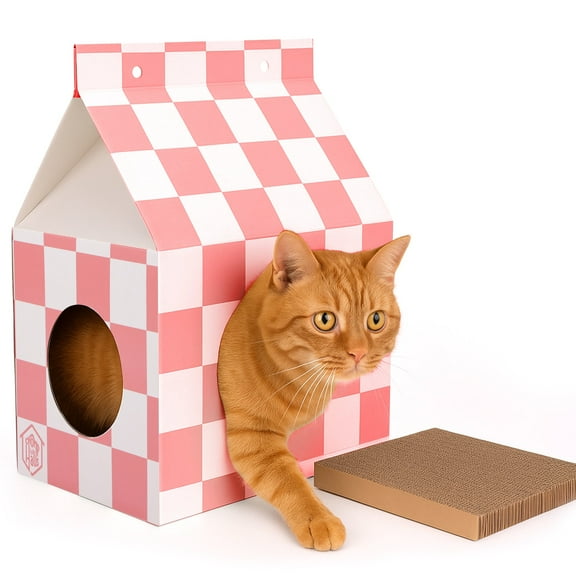 Chomp Haus Cardboard Cat House with Scratch Pad – Durable, Eco-Friendly Hideaway for Cats, Easy Assembly, Stylish Rust Checkered Design, Indoor Cat Furniture, Perfect Gift for Cat Lovers