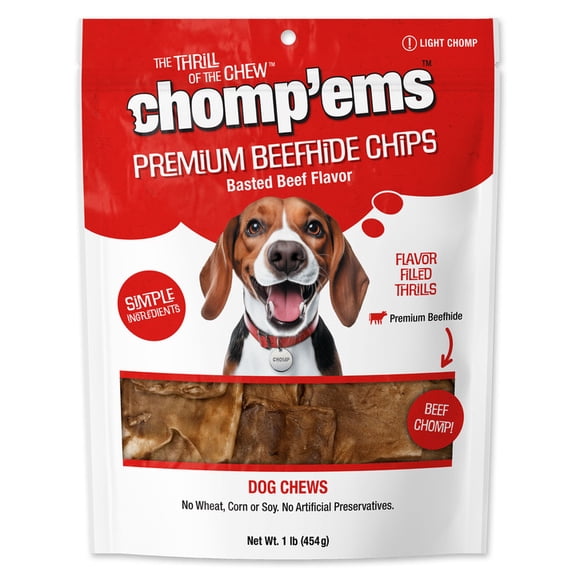 Chomp'ems Beef Rawhide Chips Dog Treats - Dental Care, Training Treat - 1 lb Bag