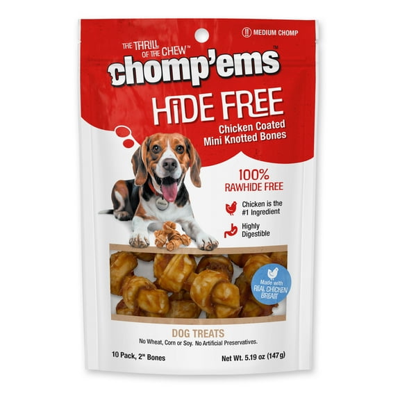 Chomp 'ems Chicken Hide Free Dog Chews - Rawhide Free Dog Treats - No Hide Alternative Chew Treat for All Life Stages, Bone, 2", 10 Count