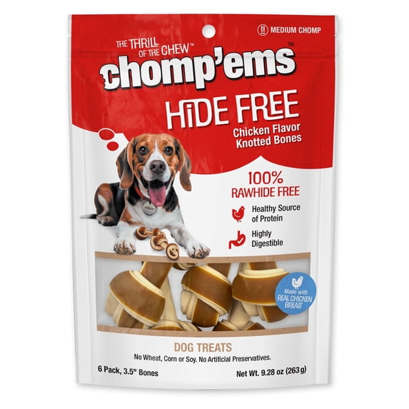 Chomp 'ems Chicken Hide Free Dog Chews - Rawhide Free Dog Treats - No Hide Alternative Chew Treat for All Life Stages, Bone, 3.5", 6 Count